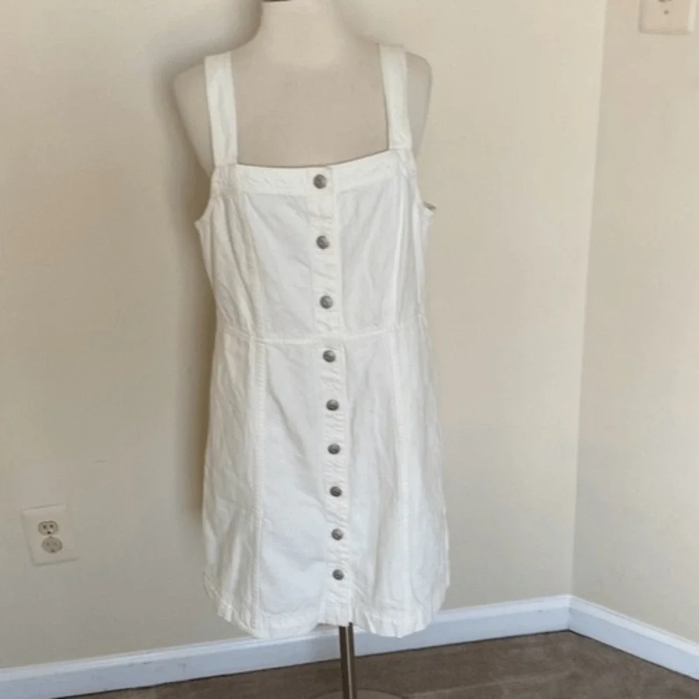 Madewell Square Neck Button-Front Denim Mini‎ Dress 14 White Sleeveless Pockets